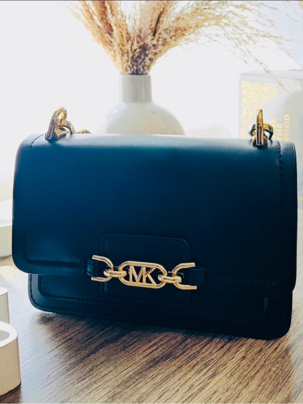 Michael Kors Black Leather Shoulder Bag with Gold Chain